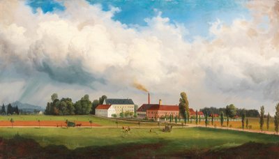 Ebenthal near Klagenfurt to the East, in the Foreground the Großnighof with Manor House and Factory Grounds of the Puntschart Family, in the Background the Magdalensberg by Marko Pernhart